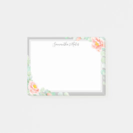 Monogram Eukalyptus Blätter Peony Floral Peach Gra Post-it Klebezettel