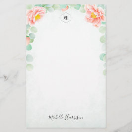 Monogram Eukalyptus Peony Floral Watercolor Peach Briefpapier