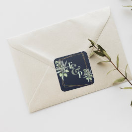 Monogram Eukalyptus Verlasse Niedliche Hochzeit vo Quadratischer Aufkleber