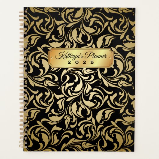 Monogram Extravagant Gold Blühte Black Luxe Namenp Planer (Vorderseite)