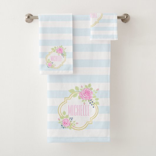Monogram Extravagant Pink Roses Blueberry Handtuch Badhandtuch Set (Insitu)