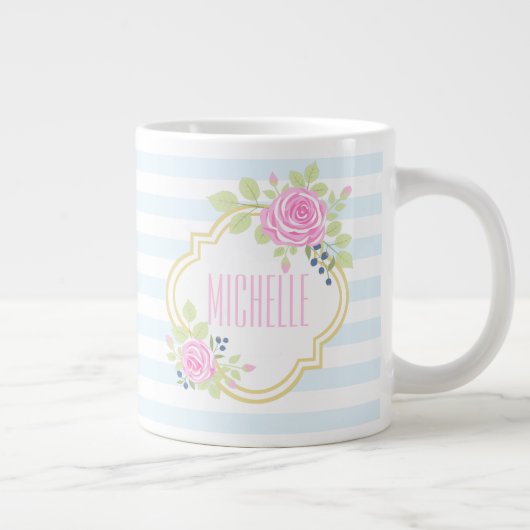 Monogram Extravagant Pink Roses Blueberry Jumbo Ta Jumbo-Tasse (Rechts)