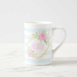 Monogram Extravagant Pink Roses Blueberry Knochen  Porzellantasse