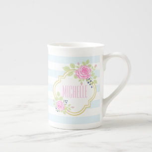 Monogram Extravagant Pink Roses Blueberry Knochen Porzellantasse
