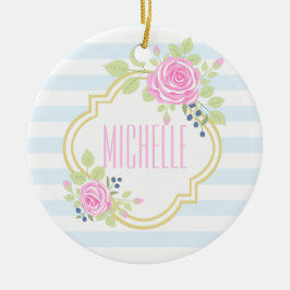 Monogram Extravagant Pink Roses Blueberry Ornament