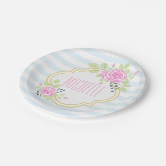 Monogram Extravagant Pink Roses Blueberry Paper Te Pappteller (Schrägansicht)