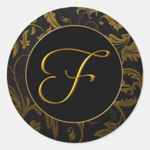 Monogram F Gold and Black Damask Wedding Siegel Runder Aufkleber