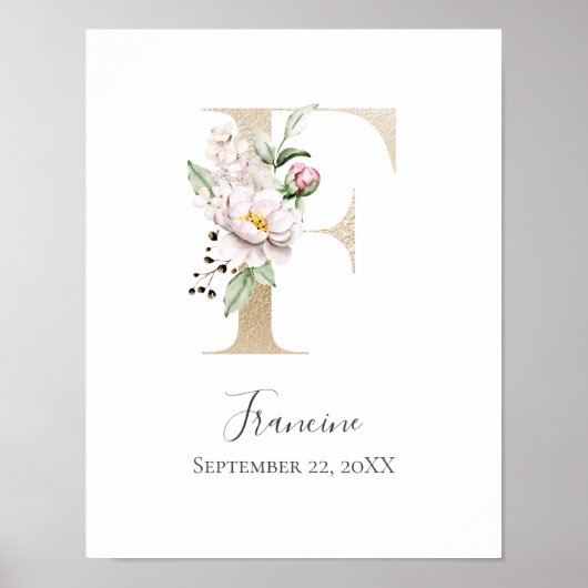 Monogram F Pink White Floral Gold Letter Kinderzim Poster (Vorne)