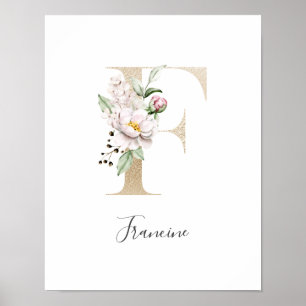 Monogram F Pink White Floral Gold Letter Kinderzim Poster
