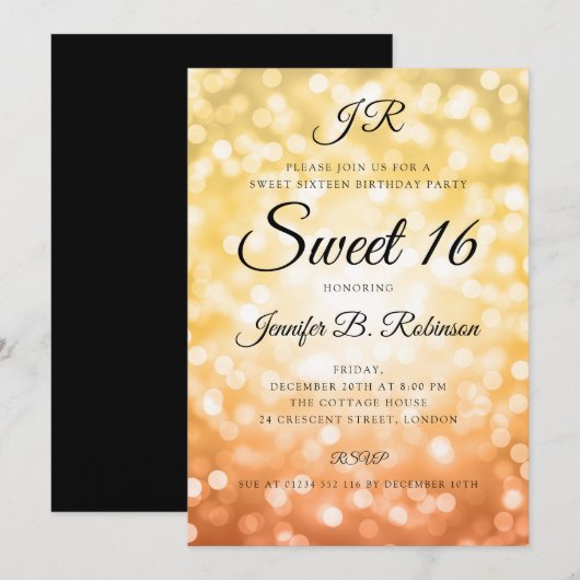 Monogram Fall Glitzer Lights Sweet 16 Geburtstag Einladung (Vorne/Hinten)