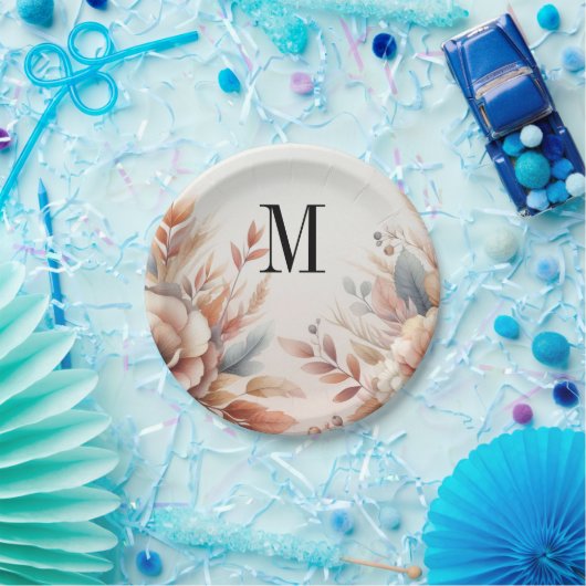 Monogram Fall leaves and flowers watercolor Pappteller (Party)