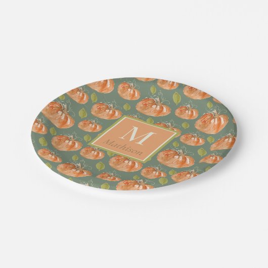 Monogram Fall Pumpkin Pattern Pappteller (Schrägansicht)