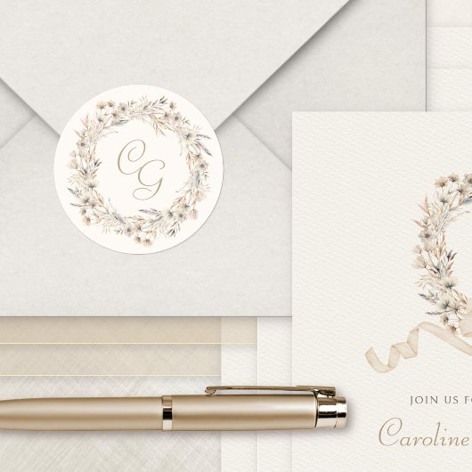 Monogram Fall Wildblumen Elegante Hochzeit Runder Aufkleber