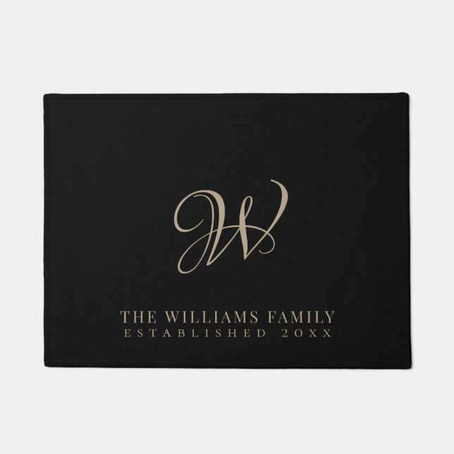 Monogram-Familienmongramm-Elegant-Script-Schwarz Fußmatte (Vorderseite)