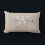 Monogram   Familienname Chic Script Keepake Gesche Lendenkissen<br><div class="desc">Monogram Familienname Chic Script Keepake Geschenk Beige Lumbar Kissen. Klicken Sie auf diese Vorlage personalisieren, um sie mit dem Anfangsnamen des Monogramms, dem Familiennamen und dem Heiratsdatum schnell und einfach anzupassen. Ein einzigartiges Geschenk für Neuvermählte. Lieblich für ihr neues Leben zusammen oder für Ihre Zuhause. Monogram Familienname Chic Script Keepake...</div>