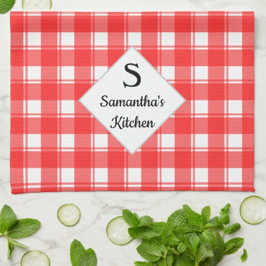 Monogram-Familienname Custom Red White Retro Karie Geschirrtuch (Gefaltet)