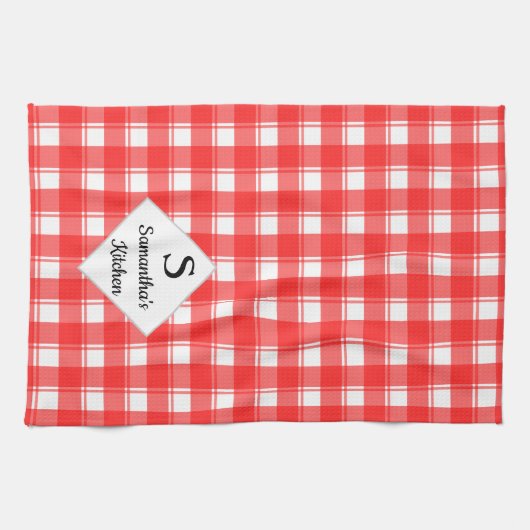 Monogram-Familienname Custom Red White Retro Karie Geschirrtuch (Horizontal)