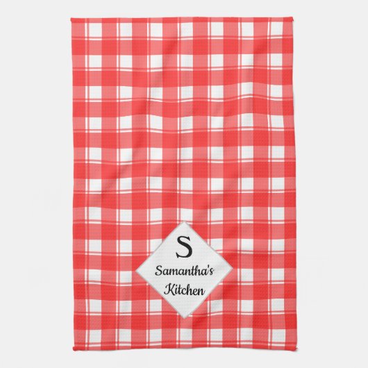 Monogram-Familienname Custom Red White Retro Karie Geschirrtuch (Vertikal)