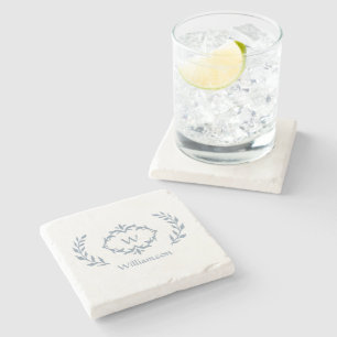 Monogram Familienname Laurel Wreath Dusty Blue Steinuntersetzer