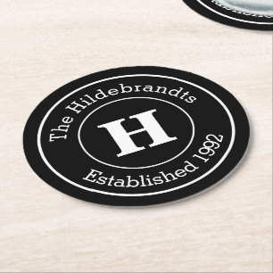 Monogram Familienname Mod BW Personalisiert Runder Pappuntersetzer