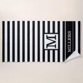 Monogram Familienname Schwarz-weiß Cabana Strip Strandtuch (Vorderseite)