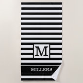 Monogram Familienname Schwarz-weiß Cabana Strip Strandtuch (Vorderseite)