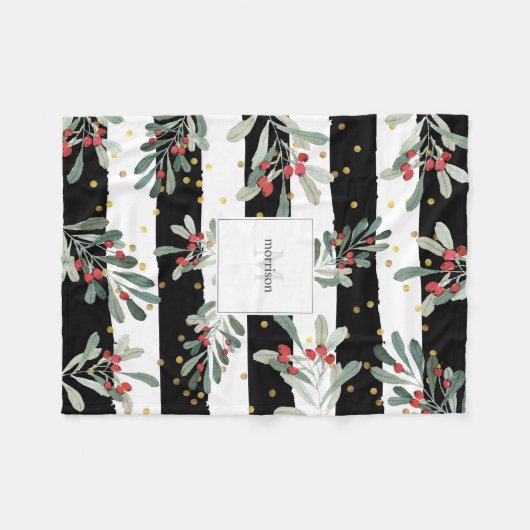 Monogram Family Modern Black Chic Winter Botanical Fleecedecke (Vorderseite (Horizontal))