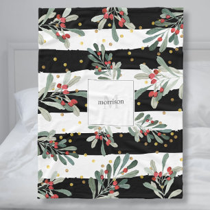 Monogram Family Modern Black Chic Winter Botanical Fleecedecke