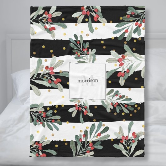 Monogram Family Modern Black Chic Winter Botanical Fleecedecke