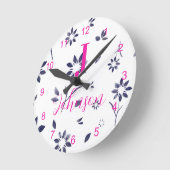 Monogram Family Name Blue Floral Runde Wanduhr (Winkel)