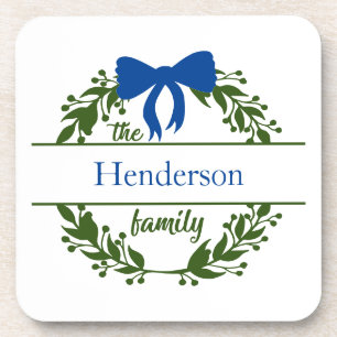 Monogram Family Name Green Wreath Blue Bow Getränkeuntersetzer