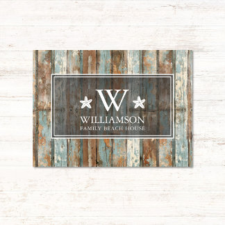 Monogram Family Name Rustic Boho Wood Beach House Fußmatte