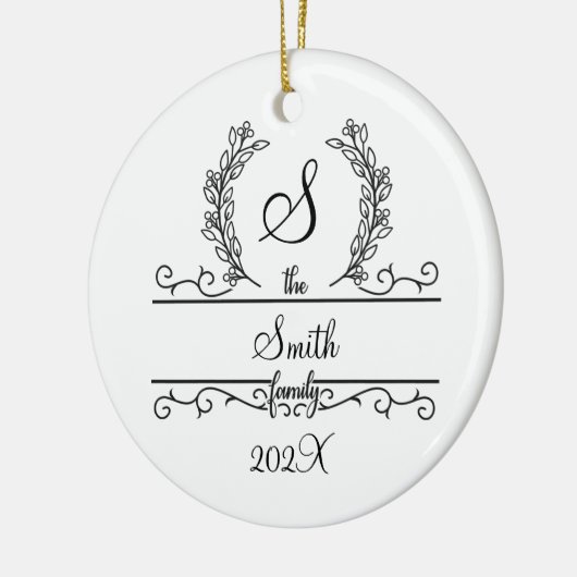 Monogram Family Name Script Schriftart Blätter Wei Keramik Ornament (Links)