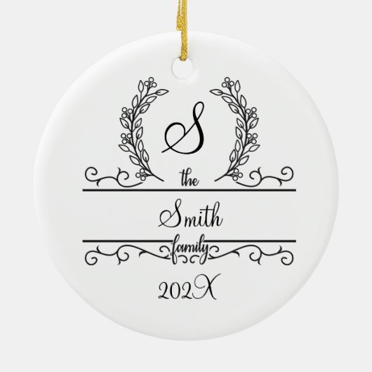 Monogram Family Name Script Schriftart Blätter Wei Keramik Ornament (Hinten)