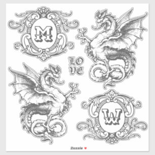 Monogram Fantasy Medieval Dragon Verziert Frames Aufkleber