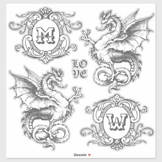 Monogram Fantasy Medieval Dragon Verziert Frames Aufkleber (Blatt)