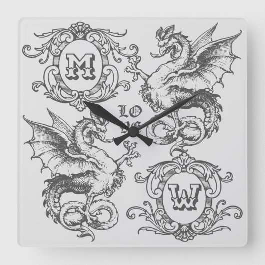 Monogram Fantasy Mittelalterlicher Drachenrahmen V Quadratische Wanduhr (Vorderseite)