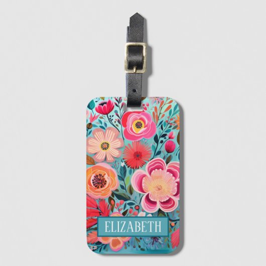 Monogram farbenfroh-stylisches Blumenmuster Gepäckanhänger (Vorderseite Vertikal)