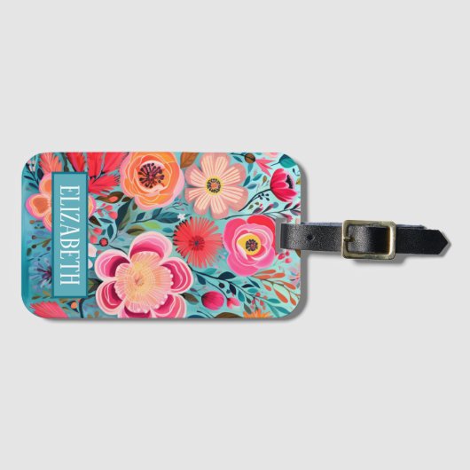 Monogram farbenfroh-stylisches Blumenmuster Gepäckanhänger (Vorderseite (Horizontal))