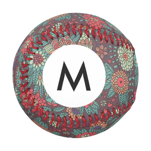 Monogram farbenfrohe Blumenmuster im Cartoon-Stil Baseball (Vorderseite Links)