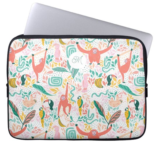 Monogram farbenfrohe Dschungeltiere rosa Laptopschutzhülle (Vorderseite)