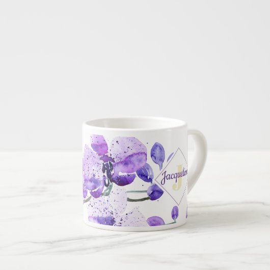 Monogram farbenfrohe Wasserfarbe Orchid-Design Espressotasse (Vorderseite Rechts)