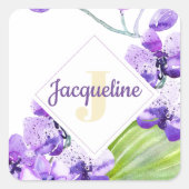 Monogram farbenfrohe Wasserfarbe Orchid-Design Quadratischer Aufkleber (Vorderseite)