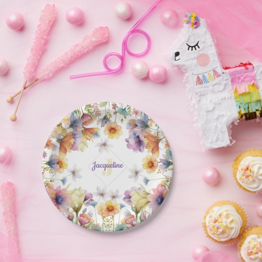 Monogram farbenfrohe Wilde Blume Illustriert Pappteller (Party)