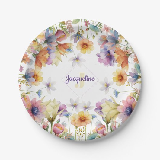 Monogram farbenfrohe Wilde Blume Illustriert Pappteller (Vorderseite)