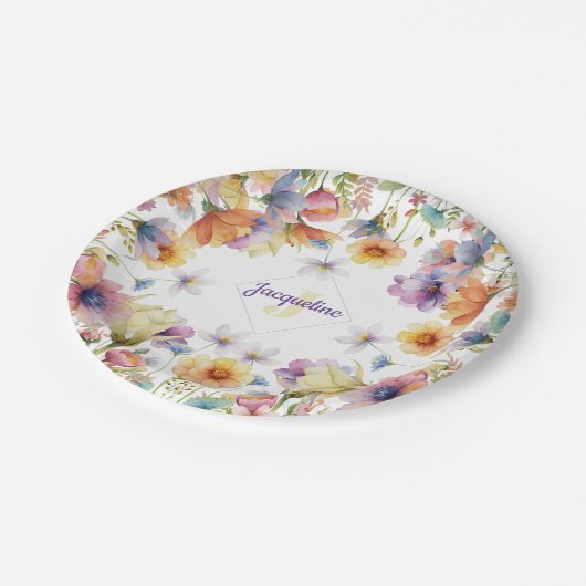 Monogram farbenfrohe Wilde Blume Illustriert Pappteller (Schrägansicht)