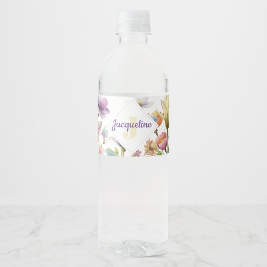 Monogram farbenfrohe Wilde Blume Illustriert Wasserflaschenetikett (Vorderseite)