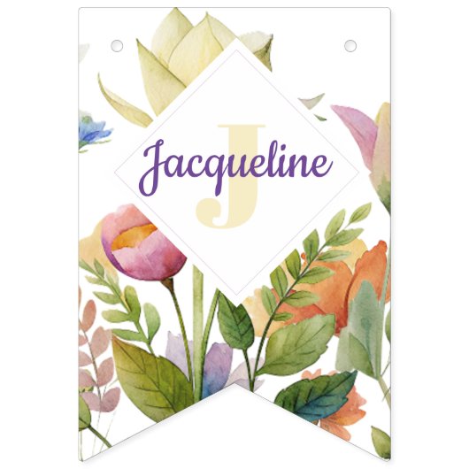 Monogram farbenfrohe Wilde Blume Illustriert Wimpelkette (Zweite Fahne)