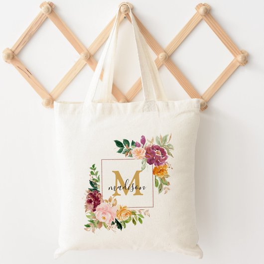 Monogram farbige Aquarellfarbe Rose Floral Botanis Tragetasche