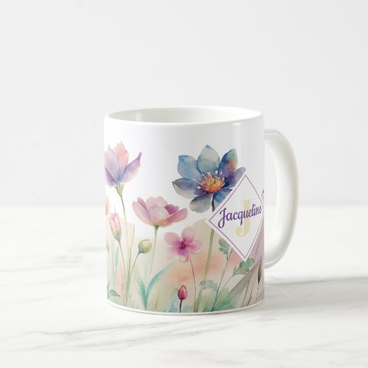 Monogram Farbiger Wilder Blume Illustrierter Kaffe Kaffeetasse (VorderseiteRechts)